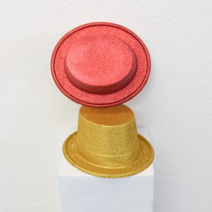 gold and red glitter hats